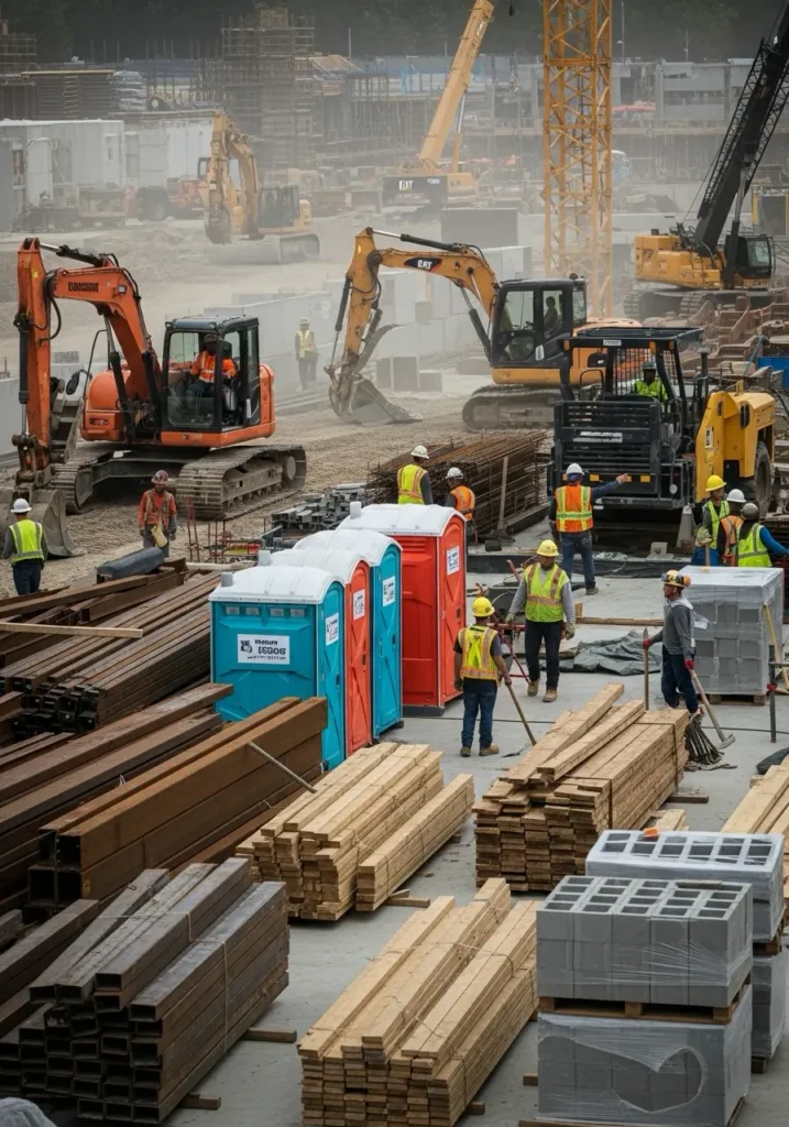 A busy construction site with workers using portable restrooms placed beside heavy machinery and building materials 59425 Conrad, MT 5