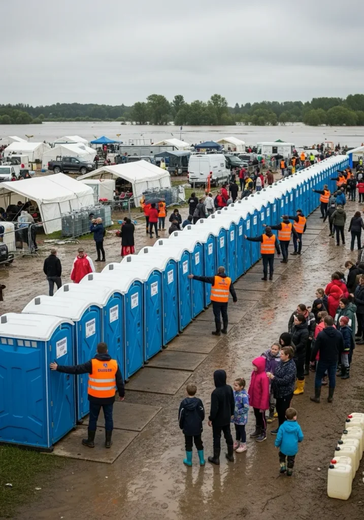 A relief camp after a flood with rows of porta potties volunteers and evacuees using sanitation facilities 59425 Conrad, MT 7