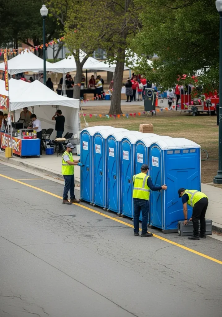 City staff arranging porta potties at a park during a community fair or food festival Delaware 3