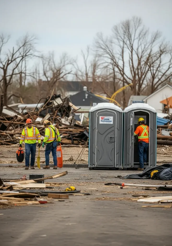 Cleanup workers wearing safety gear using portable restrooms on a site damaged by a storm or fire 59044 Laurel, MT 7