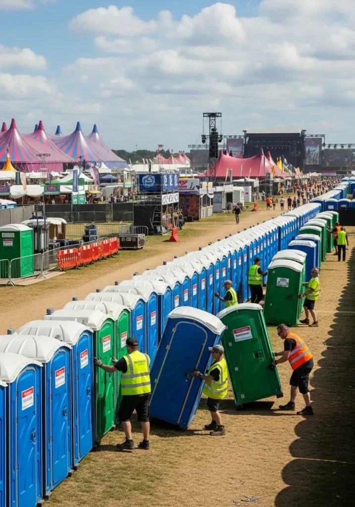 Event staff arranging portable toilets at a large outdoor festival with tents stages and vendor stalls visible in the background 99709 Ester, AK 1
