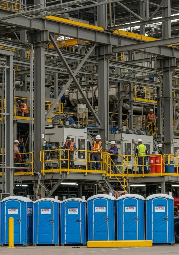 Maintenance crew working in a large industrial plant with porta potties positioned for temporary use 99709 Ester, AK 3