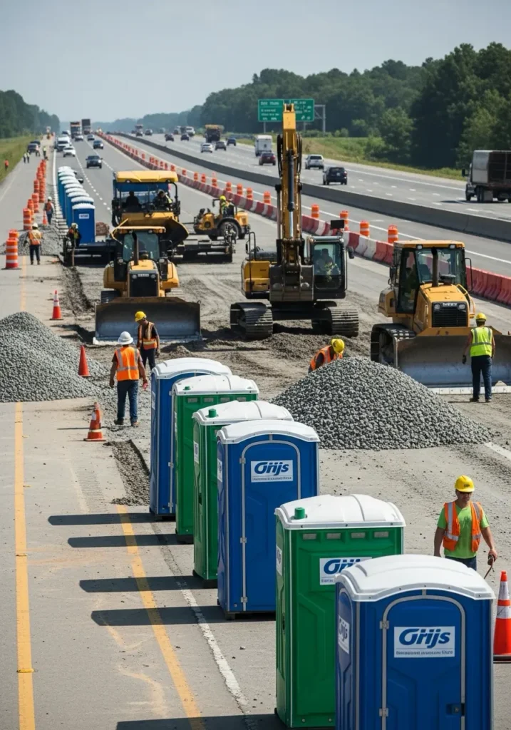 Porta potties placed along a highway roadwork zone with workers operating equipment nearby 99709 Ester, AK 7