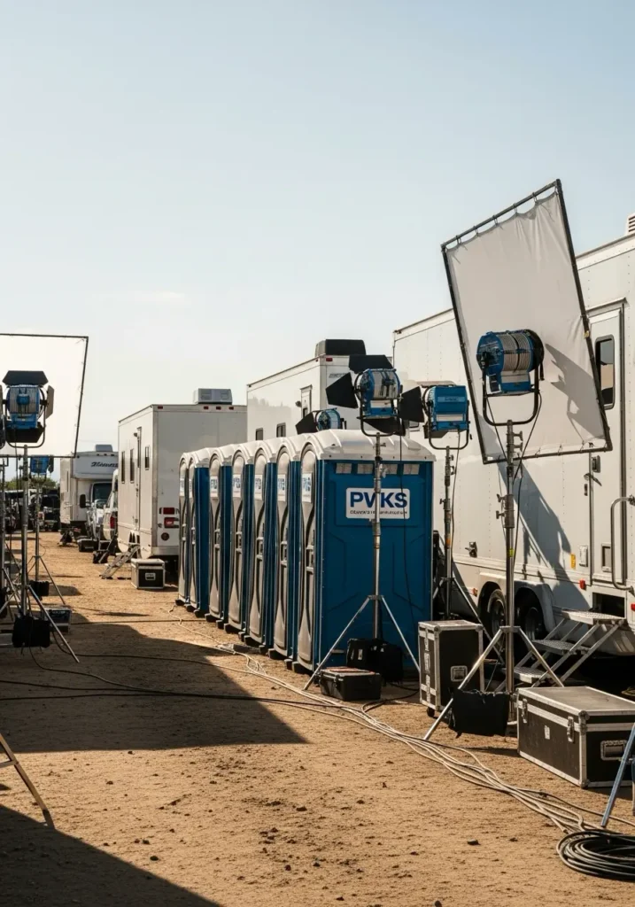 Portable restrooms placed beside trailers and lighting equipment on an outdoor filming location 59725 Dillon, MT 3