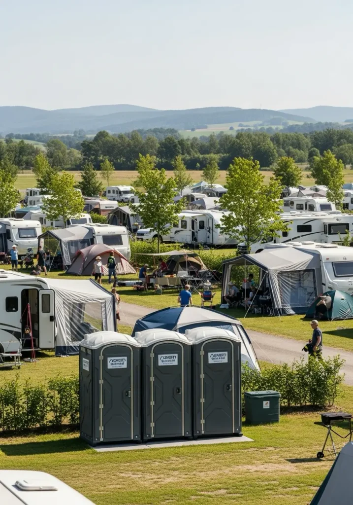 Portable restrooms placed near camping tents or RVs with visitors enjoying outdoor activities 59425 Conrad, MT 1