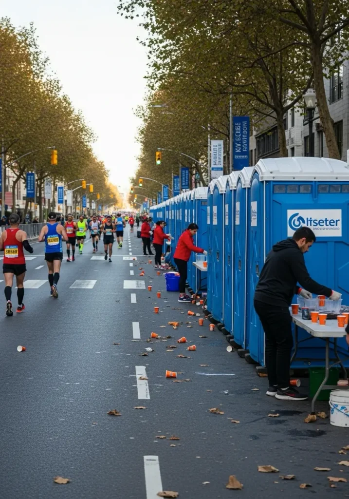 Rows of portable toilets lined up along a marathon route with runners and support staff visible 59725 Dillon, MT 1