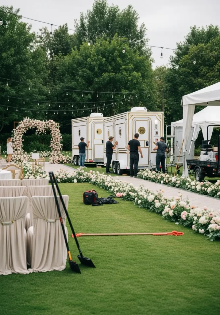 Setup crew placing luxury portable restrooms at a garden wedding venue with decorations in progress 59044 Laurel, MT 9
