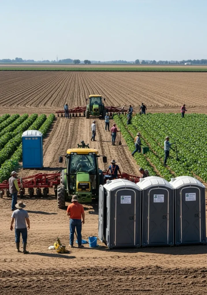 Workers in a large farmland area using portable restrooms placed near tractors and crops 99709 Ester, AK 9